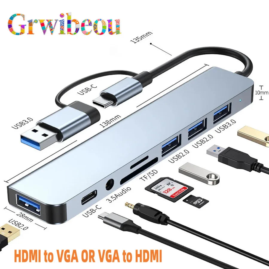 NEW premium 8 in 2 USB +Type C HUB Docking Station with 3.5mm Audio Jack Adapter Micro SD Card Reader Laptop Tablet Phone Disk Converter