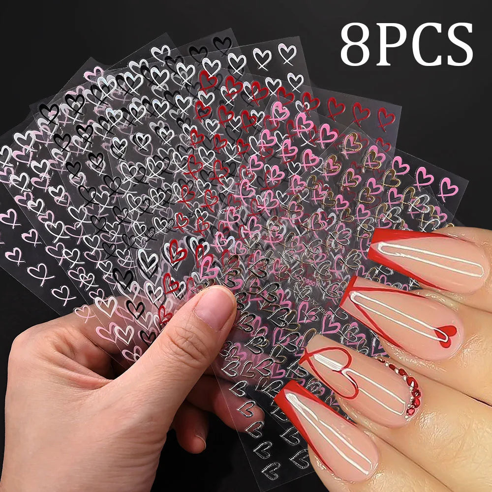 Mini Red Heart Valentines Nail Stickers Irregular Love Stripe Gold/Silver Nail