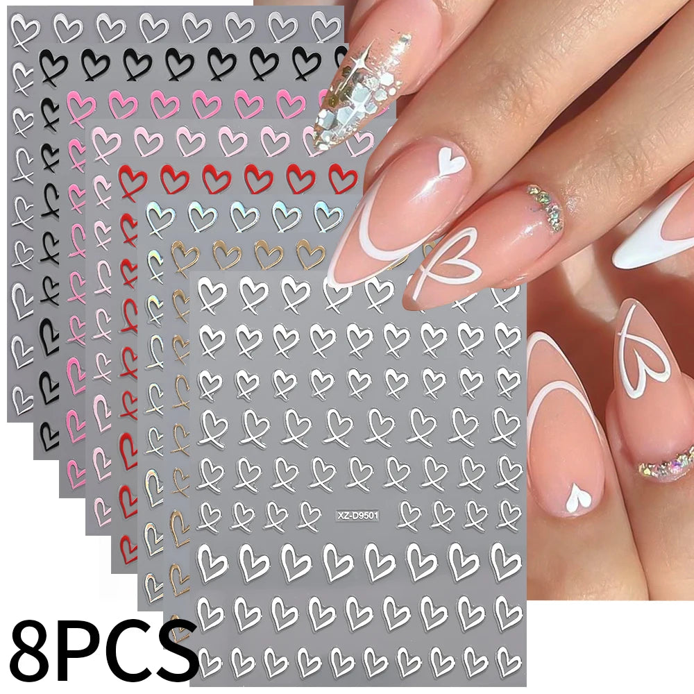 Mini Red Heart Valentines Nail Stickers Irregular Love Stripe Gold/Silver Nail