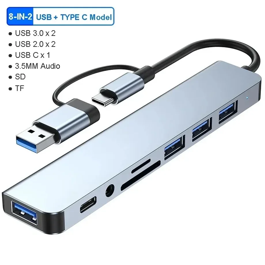 NEW premium 8 in 2 USB +Type C HUB Docking Station with 3.5mm Audio Jack Adapter Micro SD Card Reader Laptop Tablet Phone Disk Converter