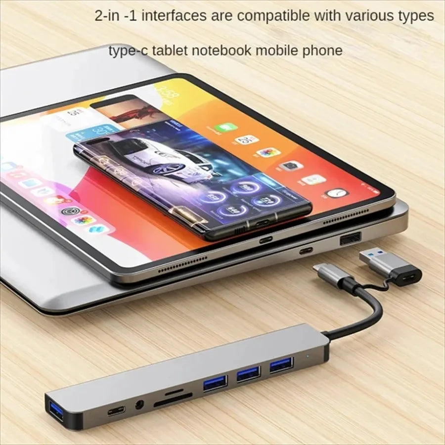 NEW premium 8 in 2 USB +Type C HUB Docking Station with 3.5mm Audio Jack Adapter Micro SD Card Reader Laptop Tablet Phone Disk Converter